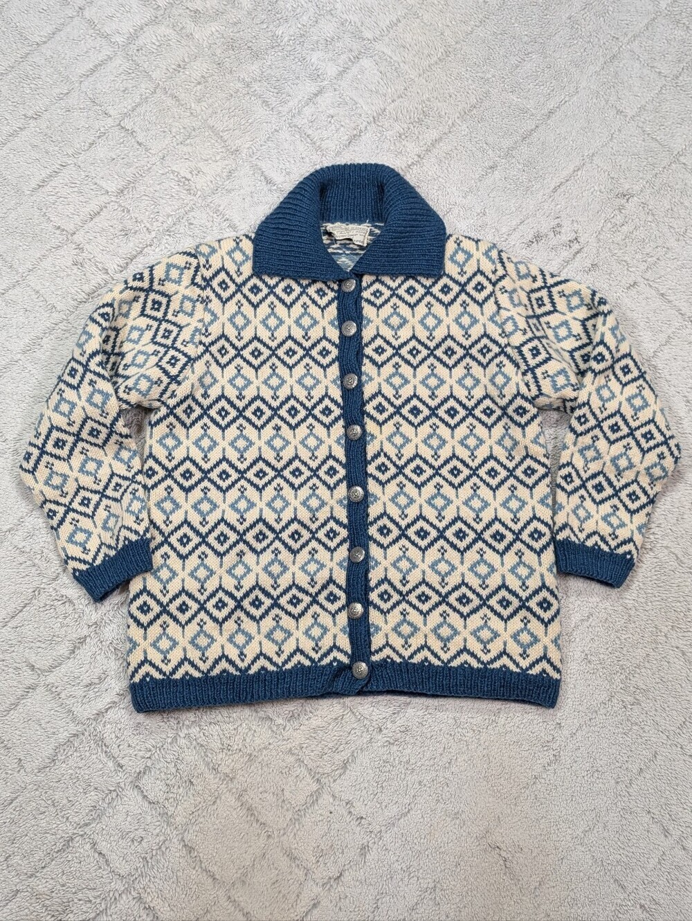 Vtg Husfliden Sweater Womens M Blue White Nordic Wool Fair Isle HandKnit Cardi